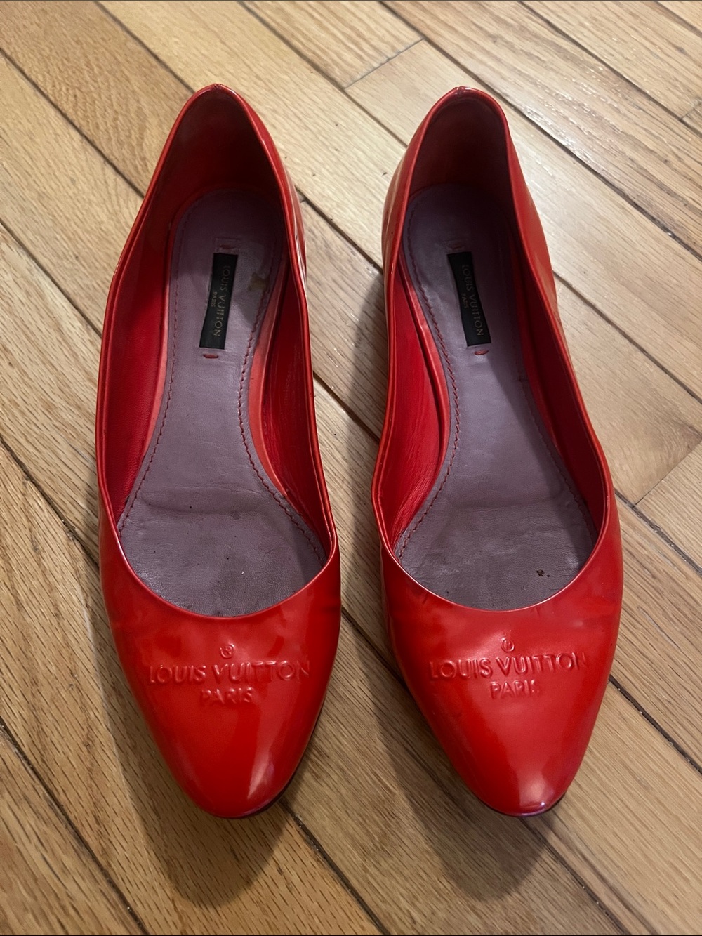 Louis Vuitton Patent Red/Orange Flats with Embossed Logo, size 37